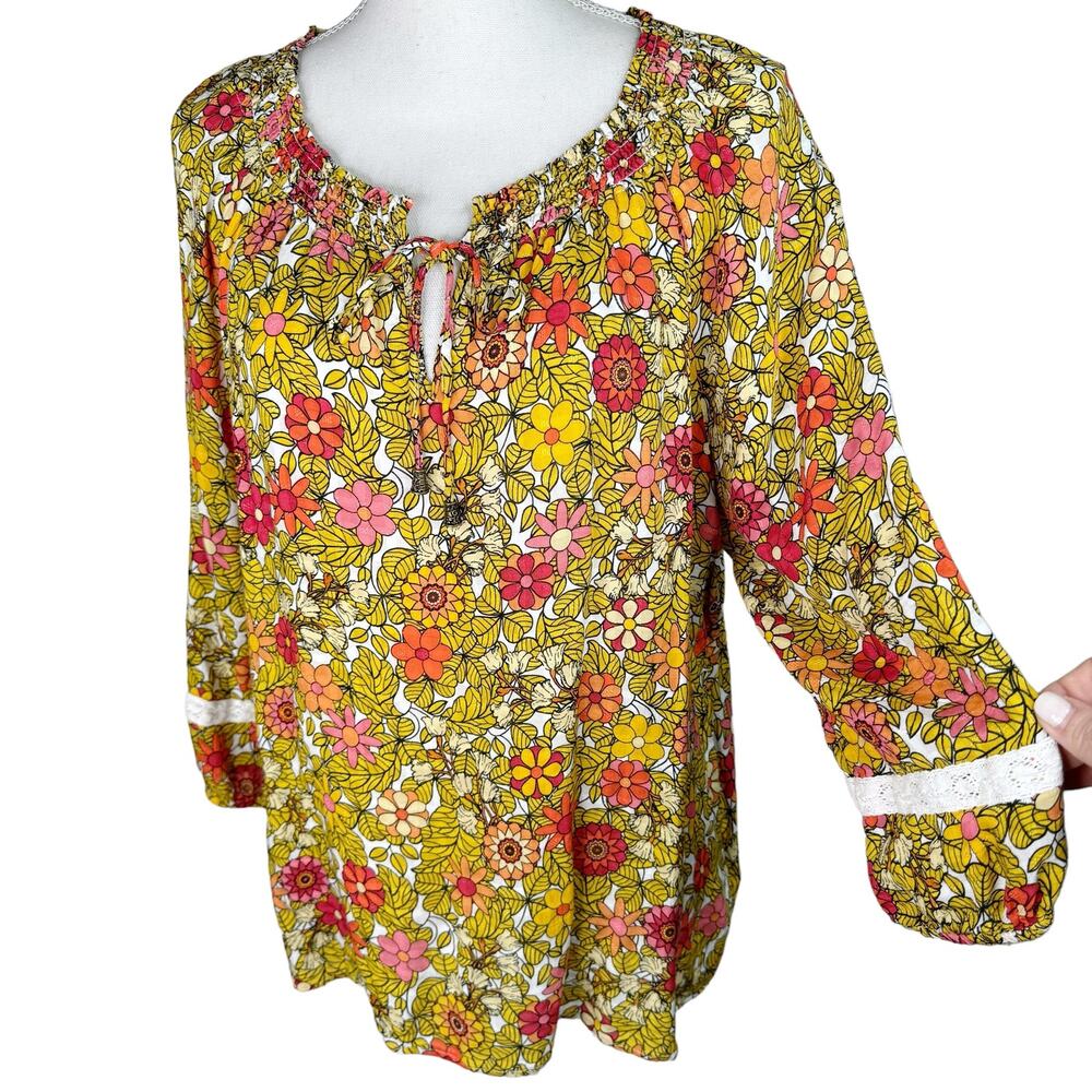 Jane and Delancey Floral Smocked Tunic Top Boho Bohemian Yellow Orange Red XL 